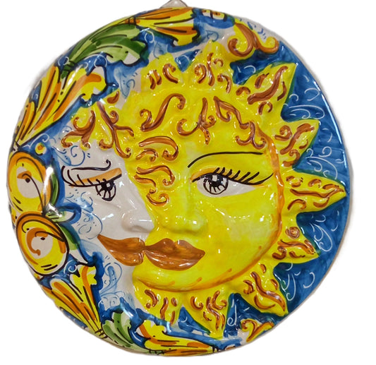 Sole Luna Diametro cm24 in maiolica di Caltagirone decoro ornato e limoni