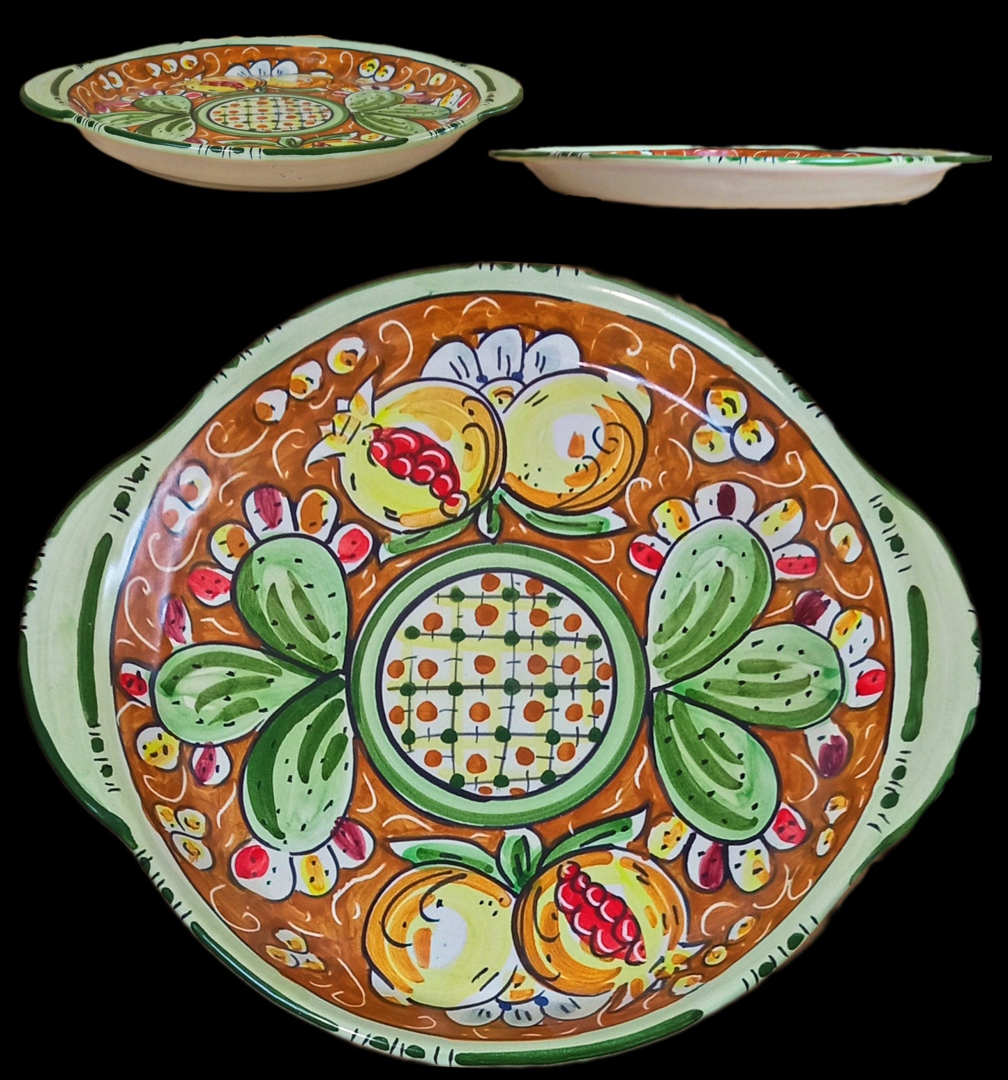 Vassoio vuota tasche Caltagirone diametro cm 27 altezza cm 3 decorato con fiori e frutta e Fico d'India